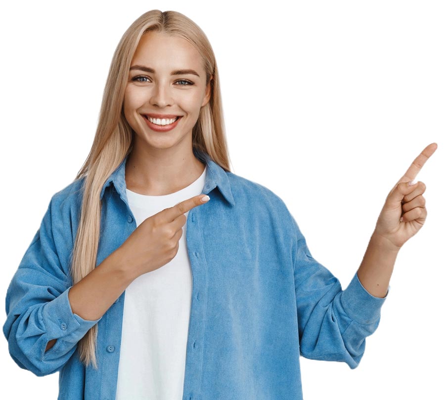 Smiling woman pointing at clinic working hours displayed on screen